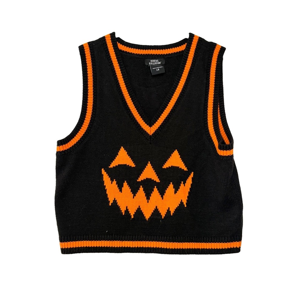 Social Collision Jack O'Lantern Sweater Tank Women's L Halloween Punk Goth